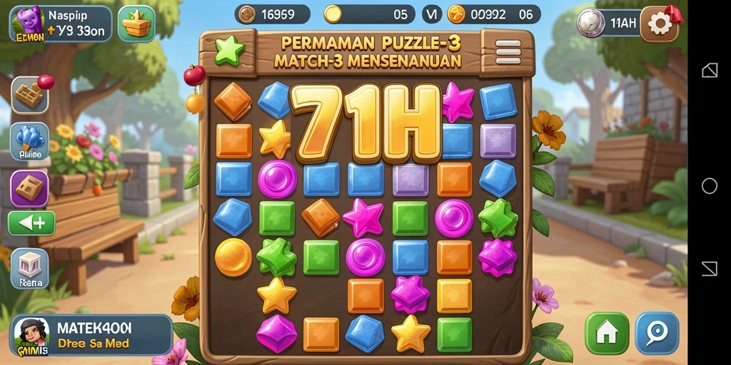 Tangkapan layar gameplay Match-3 yang seru dan penuh warna.