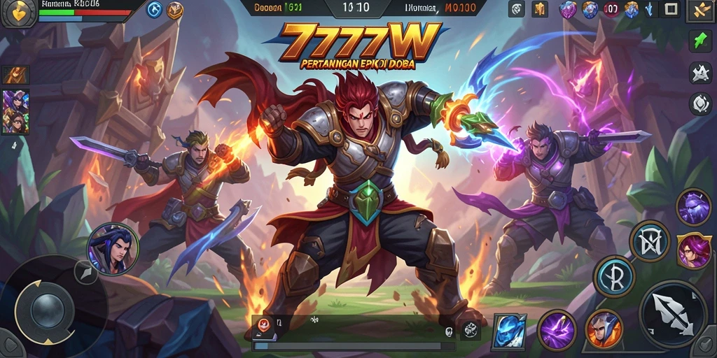 Tampilan gameplay seru dari 7777W dalam pertarungan tim MOBA.
