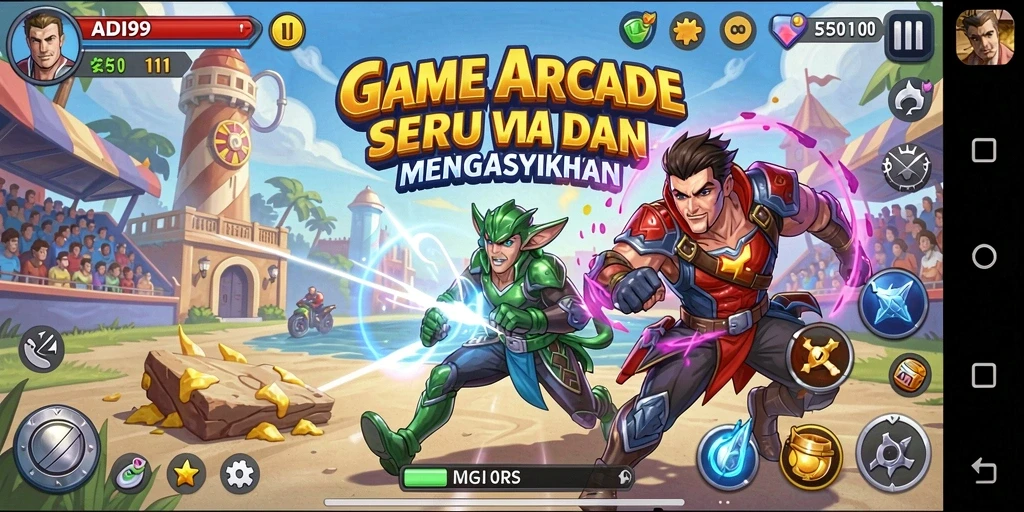 Screenshot utama ADI99 menampilkan gameplay Arcade yang mengasyikkan.