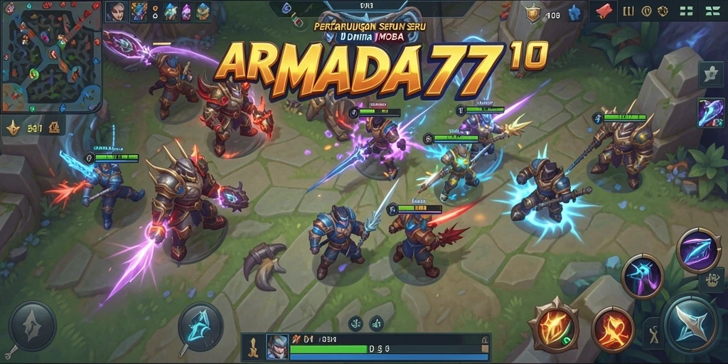 Tampilan epik pertempuran dalam ARMADA777 dengan strategi MOBA.