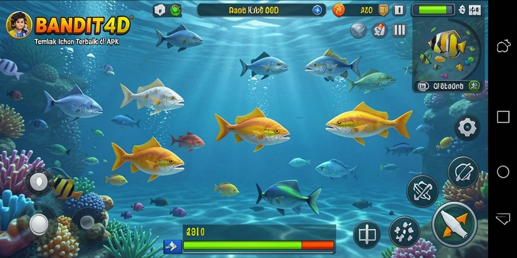 Tampilan gameplay seru dalam BANDIT4D, menangkap ikan yang beragam.