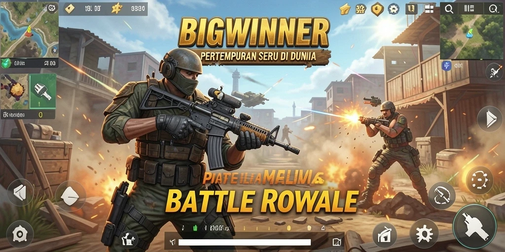 Screenshot utama BIGWINNER menampilkan pemain dalam aksi pertempuran seru.
