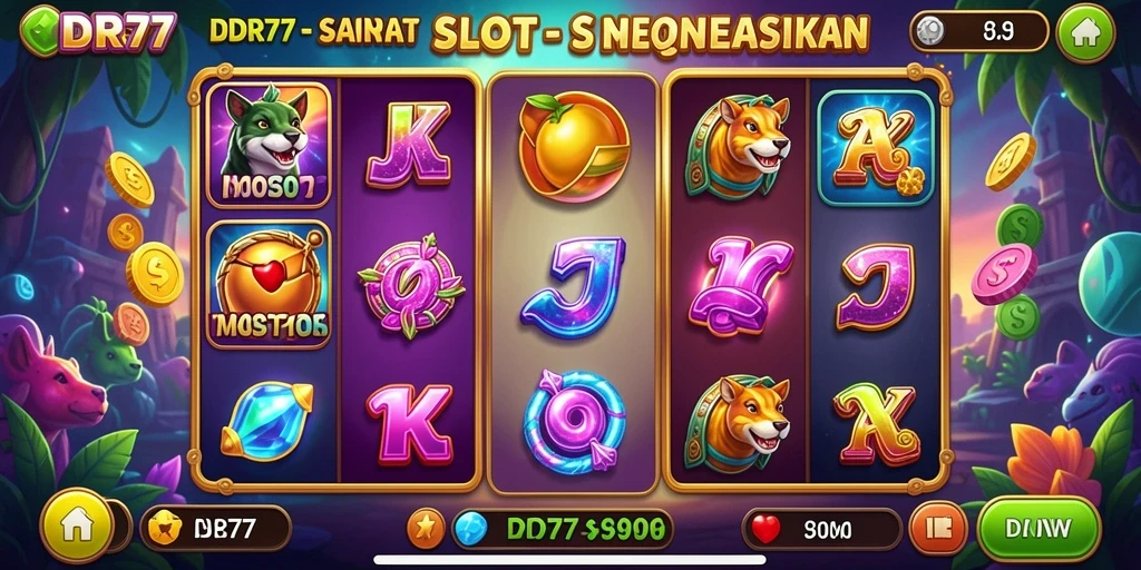 Gameplay IDR77 yang menarik dengan simbol slot berwarna-warni.