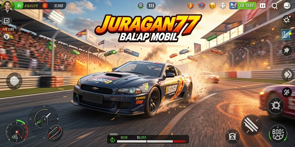 Tampilan gameplay JURAGAN77 dengan mobil balap yang melaju kencang di lintasan.