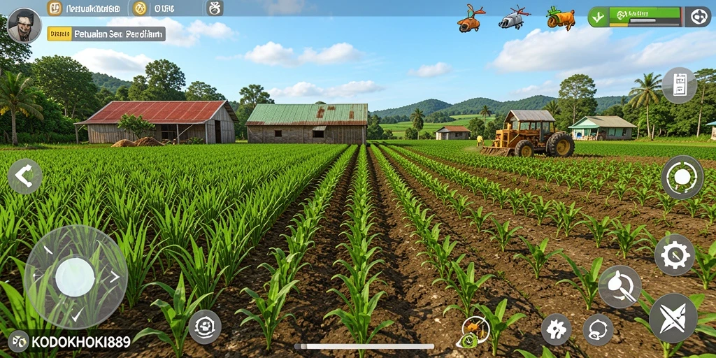 Screenshot utama KODOKHOKI889 menampilkan kebun yang subur dan tanaman yang sedang tumbuh.