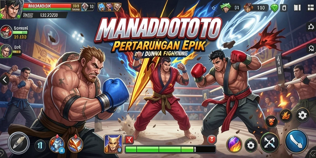 Tampilan gameplay epik dalam MANADOTOTO dengan pertarungan seru.