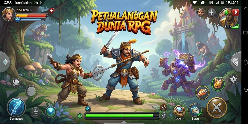 Screenshot gameplay RPG menampilkan pertarungan seru di dunia fantasi.